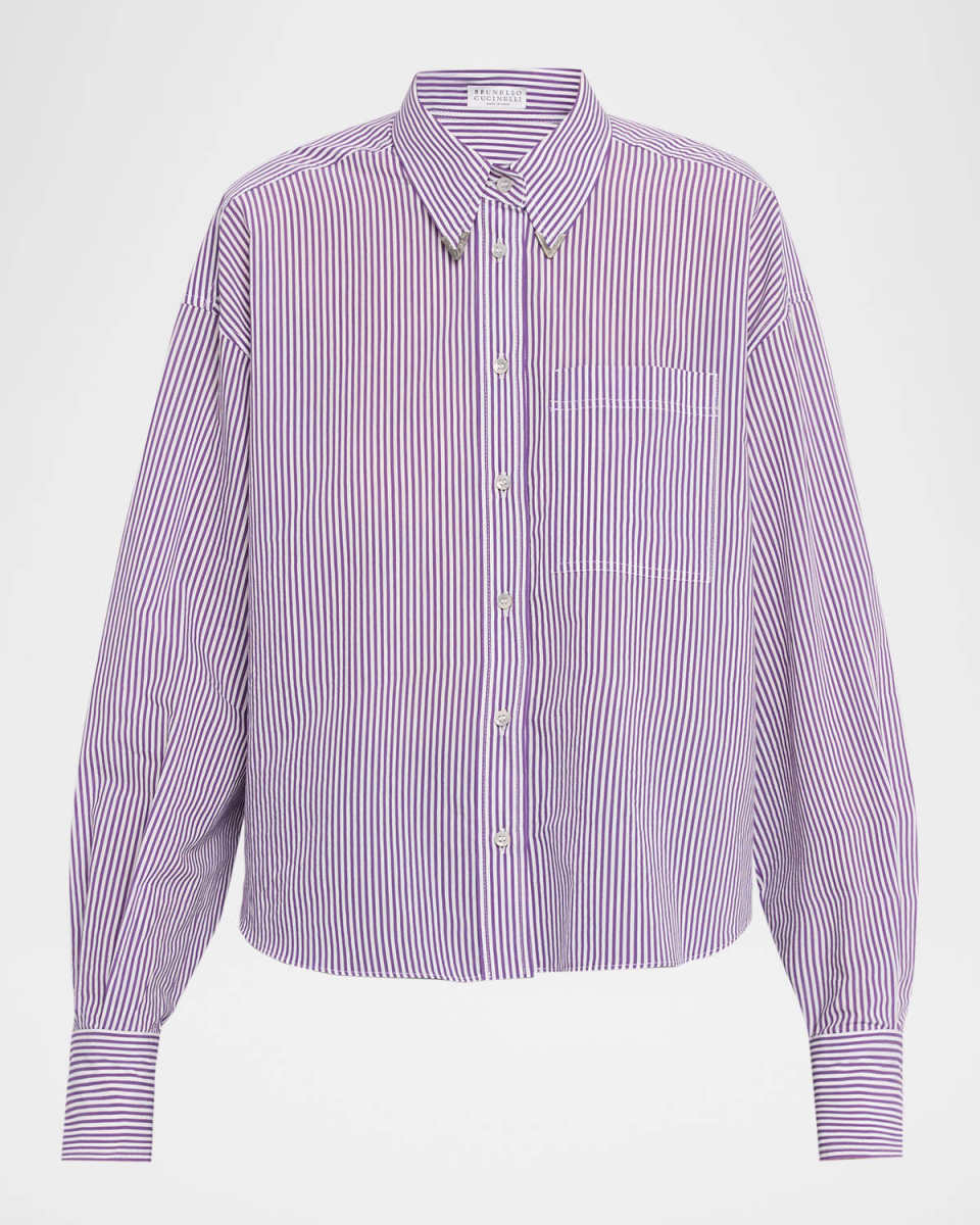 Techno Cotton Button-Front Top with Brass Trim